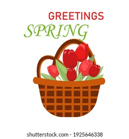 Beautiful spring background.Tulips in a basket - hello spring	