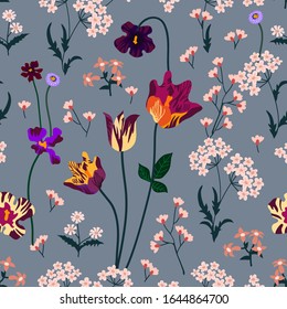 Schöne Frühlingsblüte. Nahtloses Muster mit Tulpen und Wildblumen. Vorlage für Textildesign, Karten, Schrapheftungen.