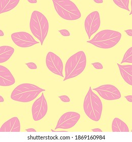 Beautiful spring blossoms and leaves seamless vector pattern background. Pink delicate petals and foliage on yellow backdrop. Floral botanical illustration. Decorative all over print for baby shower