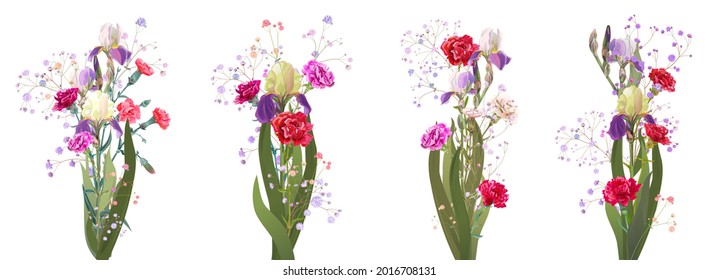 Beautiful spring bouquet: blue irises, red carnations, gypsophila. Flowers, small green twigs on white background. Digital draw illustration in watercolor style for Mothers Day, panoramic view, vector