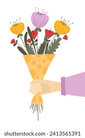 Beautiful spring bouquet illustration. Hand holds bouquet with bright flowers. Botanical flat style. For postcards, festive decor, invitations.