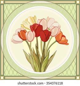 Beautiful spring bouquet of tulips in a green frame with pearls. Drawing vector for congratulations. Greeting card on March 8.