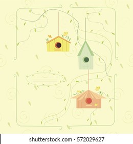 Beautiful Spring card with bird houses, birds and flowers