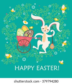 Beautiful spring card. Easter bunny with pushcart eggs. 