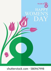 Beautiful spring card with tulips and butterflies. 8 March. 