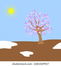 Hermosa nieve en el árbol de dibujos animados de primavera. Ilustración vectorial.