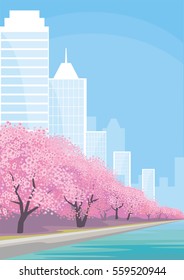 Beautiful spring city landscape with the blossoming Oriental cherry and skyscrapers. Vector background.