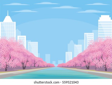 Beautiful spring city landscape with the blossoming Oriental cherry and skyscrapers. Vector background.