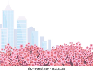 Beautiful spring city landscape with the blossoming Oriental cherry and skyscrapers. Vector background.