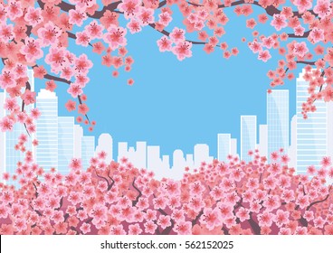 Beautiful spring city landscape with the blossoming Oriental cherry and skyscrapers. Vector background.