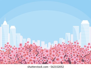 Beautiful spring city landscape with the blossoming Oriental cherry and skyscrapers. Vector background.