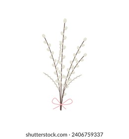 Beautiful spring close-up of a willow twig. A willow branch is tied with a ribbon into a bouquet.