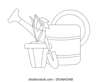 Beautiful spring composition with garden elements: a watering can, a flower in a pot and a spatula. Linear vector illustration, can be used in infographics, for banners, discounts, postcards, coloring