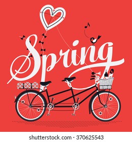 Beautiful spring concept layout with tandem bike with picnic rack, heart shaped kite and nice lettering 