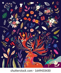 Beautiful spring creative art work illustration with flowers and deer