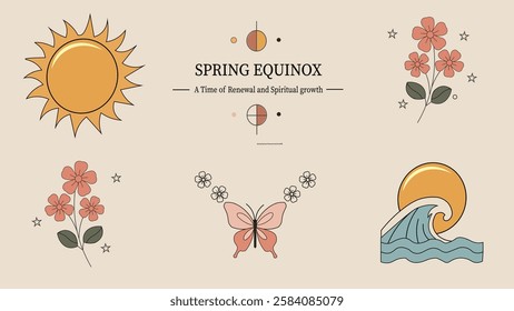 A beautiful Spring Equinox banner featuring flowers, the sun, a butterfly, and a wave, symbolizing renewal, growth, and spiritual awakening in the new season.