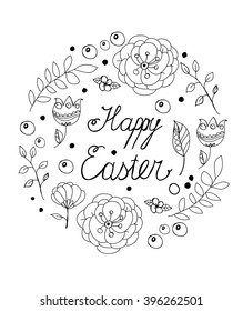 beautiful spring floral background in a circle with the colors of the berries branches and the words happy Easter on white background