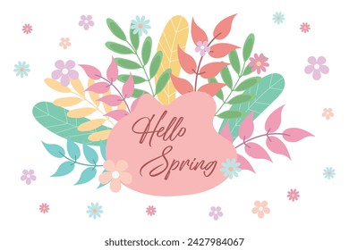 Beautiful spring floral background. Inscription Hello Spring. Vector.