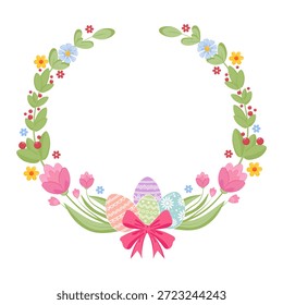 Beautiful spring floral frame featuring pastel Easter eggs and a festive ribbon bow. Isolated vector element for holiday invitations, cards, and seasonal decor.
