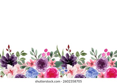 Beautiful spring floral frame. Watercolor flowers and leaf on white background. Holiday botanical border for cards, invitations, celebrations, greetings.