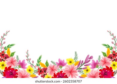 Beautiful spring floral frame. Watercolor flowers and leaf on white background. Holiday botanical border for cards, invitations, celebrations, greetings.