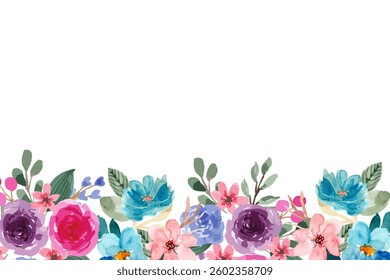 Beautiful spring floral frame. Watercolor flowers and leaf on white background. Holiday botanical border for cards, invitations, celebrations, greetings.