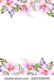 Beautiful spring floral frame. Watercolor pink flowers and green leaf on white background. Holiday botanical border for cards, invitations, celebrations, greetings. 