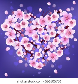 Beautiful Spring Flowers. Blooming Background Wallpaper Decoration
Pattern. Greeting Card. Heart. Day lovers. Apricot Flower. Sakura. Japan Cherry. Branch with Blooming Flowers. Vector illustration.