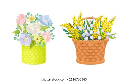 Hermosas flores de primavera en ilustración vectorial de caja y cesta