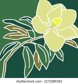 Beautiful spring flowers magnolia with green leaves. Decorative element for post card, print, poster. Wedding blooms to save the date. Hand drawn vector illustration. Stained glass style drawing. 
