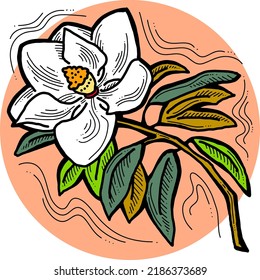 Beautiful spring flowers magnolia with green leaves. Decorative element for post card, print, poster. Wedding blooms to save the date. Hand drawn bohemian style vector illustration. Line art drawing.