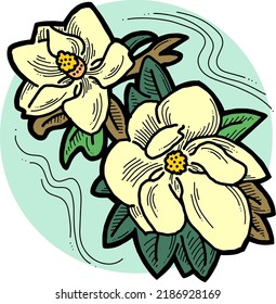 Beautiful spring flowers magnolia with green leaves. Decorative element for post card, print, poster. Wedding blooms to save the date. Hand drawn bohemian style vector illustration. Line art drawing.