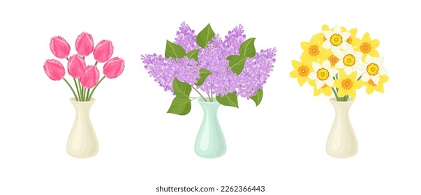 Beautiful spring flowers in vases. Bouquet of lilacs, pink tulips, white and yellow daffodils. Vector floral cartoon illustration.