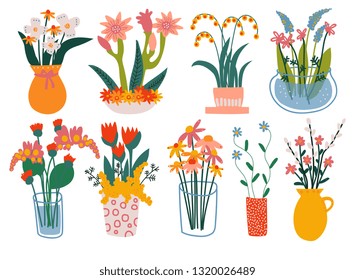 Beautiful Spring Flowers in Vases Potted Plants Set, Bouquets in Glass and Ceramic Vases Vector Illustration