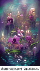 Beautiful spring flowers. Vector hand drawn orchids in the water. Ready poster, postcard. For the spring holidays on March 8 and Valentine's Day.