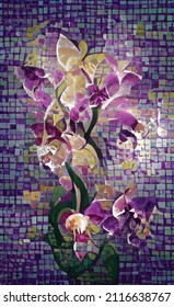 Beautiful spring flowers. Vector mosaic of hand drawn orchids. Ready poster, postcard. For the spring holidays on March 8 and Valentine's Day.