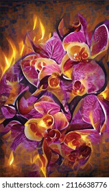 Beautiful spring flowers. Vector mosaic of hand drawn orchids. Ready poster, postcard. For the spring holidays on March 8 and Valentine's Day.