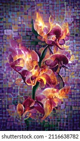 Beautiful spring flowers. Vector mosaic of hand drawn orchids. Ready poster, postcard. For the spring holidays on March 8 and Valentine's Day.