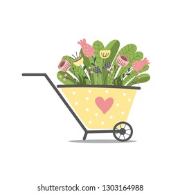 Beautiful spring flowers in a wheel barrow. Spring background. Vector illustration.