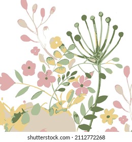beautiful spring flowers for your design and floral pattern for wallpaper or fabric Hand drawn watercolor and gold ballpaint pen pink, fuchsia and yellow flowers on white isolated background