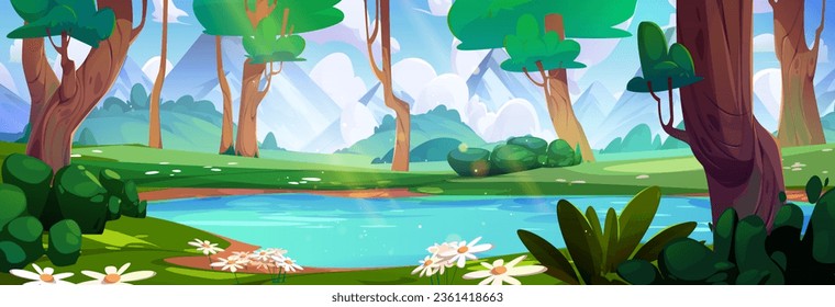 Schöner Frühlingswald mit blauem See- und Berghintergrund. Vektorgrafik-Illustration von Sonnenlicht, das auf Flusswasser strahlt, Blumen, Bäumen und grünem Gras auf den Ufern, flauschige Wolken am sonnigen Himmel