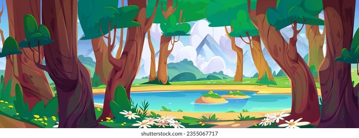 Beautiful spring forest with flowers around small lake and mountains on horizon. Vector cartoon illustration of blue pond or river flowing between old trees, green grass on hills, fluffy clouds in sky