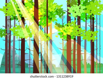 Beautiful Spring forest trees, green foliage, landscape, bushes, silhouettes of trunks, horizon. Rays of sunlight. Vector cartoon style illustration template baner poster isolated
