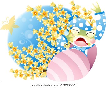 Beautiful Spring Garden - yawning cute young frog in funny sleeping bag on bright happy sunny day on a white background of blue sky and blur pattern : vector illustration