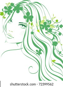 Beautiful spring girl with long floral hair. Fashion woman with wreath. Vector girl with flowers  