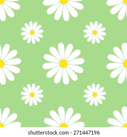 Beautiful spring green background seamless pattern with white flowers chamomiles. Floral trendy stylish wallpaper. Vintage nature background. Vector illustration
