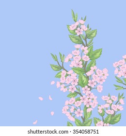 Beautiful spring hand drawn vector illustration with sakura flowers and  space for your text on  the blue background. 