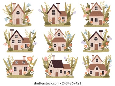 Beautiful spring houses decorated with flowers and trees plants vector illustration isolated set. Farm cottage, rural homes, countryside village buildings with garden floral environment landscape