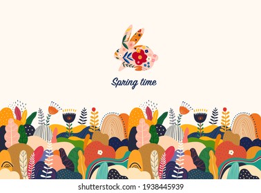 Beautiful spring illustration with bunny, flowers, floral bouquets, flower compositions.