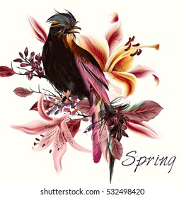 Beautiful spring illustration with exotic bird and lily flowers
